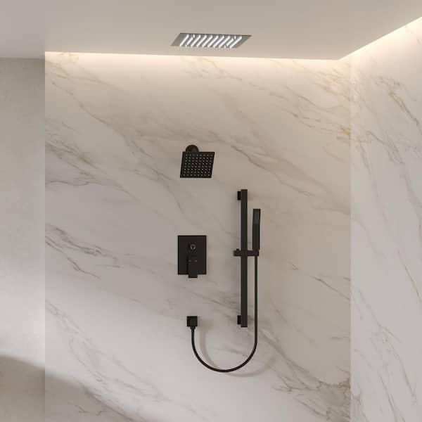 LED 3-Spray 12 and 6 in. Ceiling Mout Dual and Handheld Shower with Slider Bar 1.8 GPM in Matte Black (Valve Included)