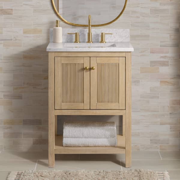 Arcott 25 in. Single Sink Fluted Natural Wood Bath Vanity with Carrara White Marble Top (Assembled)