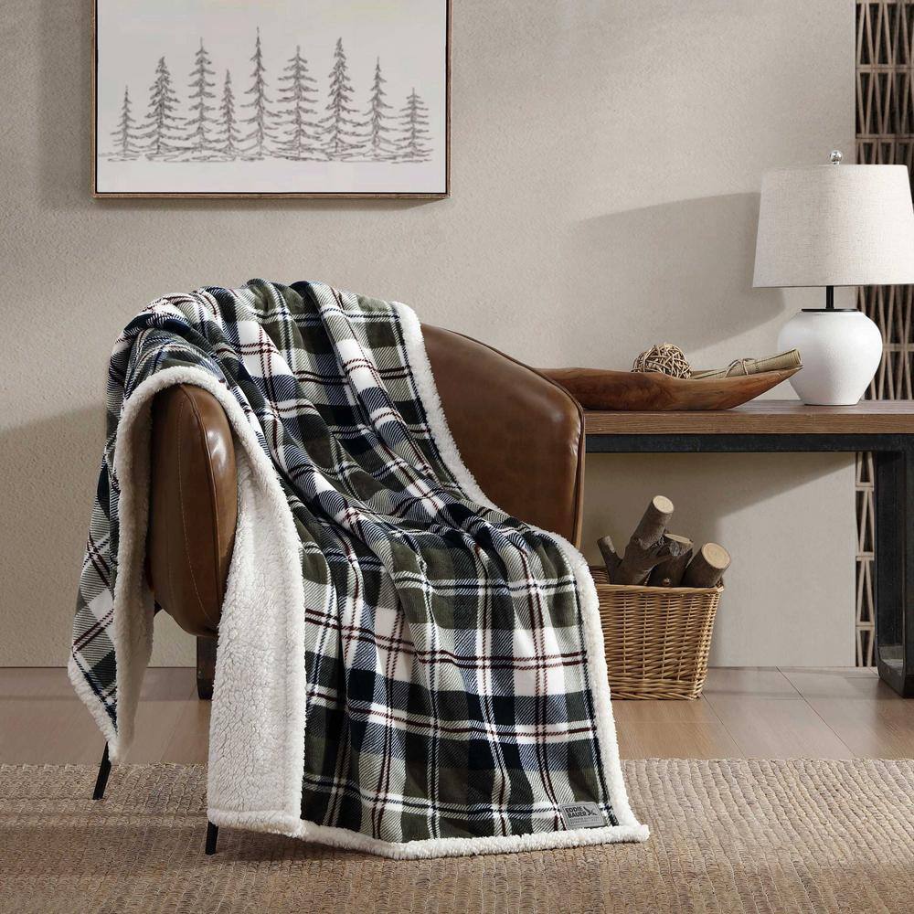 Trailhead Plaid Green Reversible Sherpa Fleece Throw Blanket