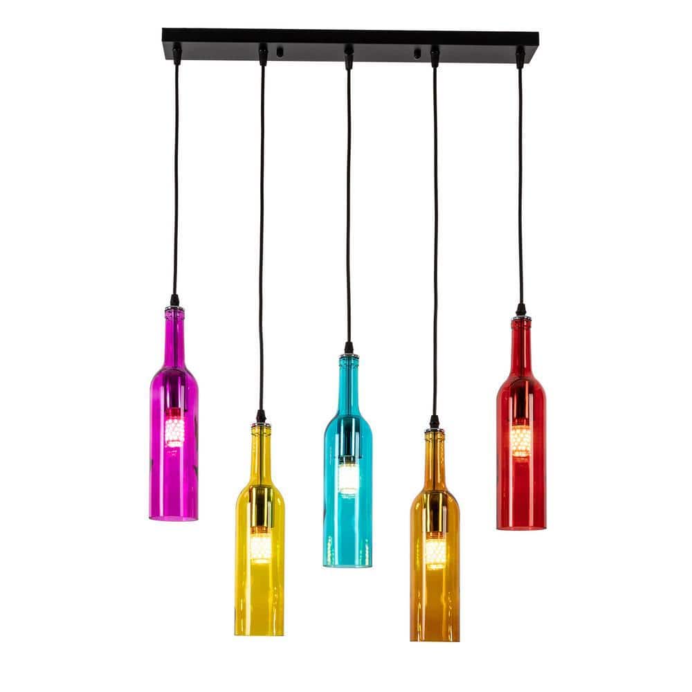 OUKANING 5-Light Black Retro Creative Wine Bottle Pendant Light