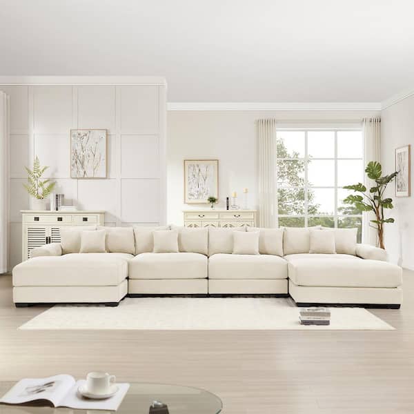 WHXYDS 167.6 in. Straight Arm 6-Piece Corduroy Modular Sectional Sofa with Ottoman and Ergonomic Design in Creamy Beige