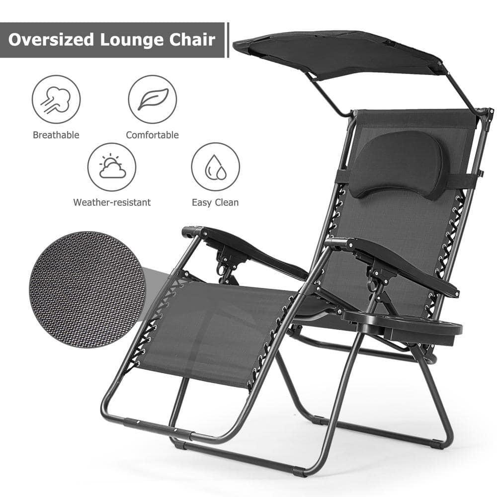 Black Steel Folding Chaise Lounge Chair with Adjustable Sun Shade Canopy
