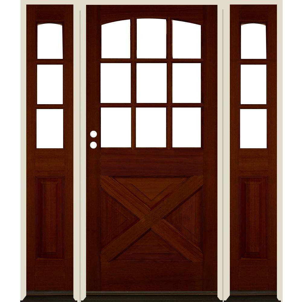 64 in. x 80 in. Farmhouse X Panel RH 1/2 Lite Clear Glass Red Chestnut Stain Douglas Fir Prehung Front Door with DSL