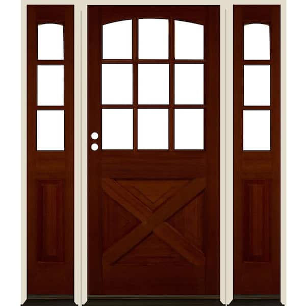 Krosswood Doors 64 in. x 80 in. Farmhouse X Panel RH 1/2 Lite Clear Glass Red Chestnut Stain Hemlock Prehung Front Door with DSL