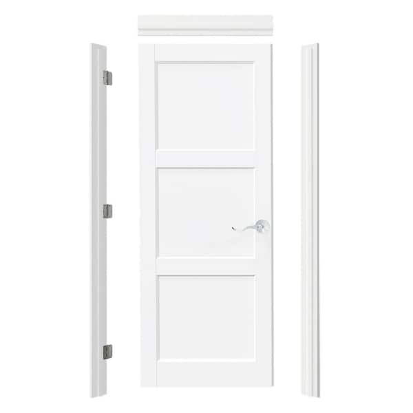 30 in. x 80 in. 3 Panel, Solid Core, White Primed Prehung Interior Door Left-Handed with Assemble Jamb & Handle