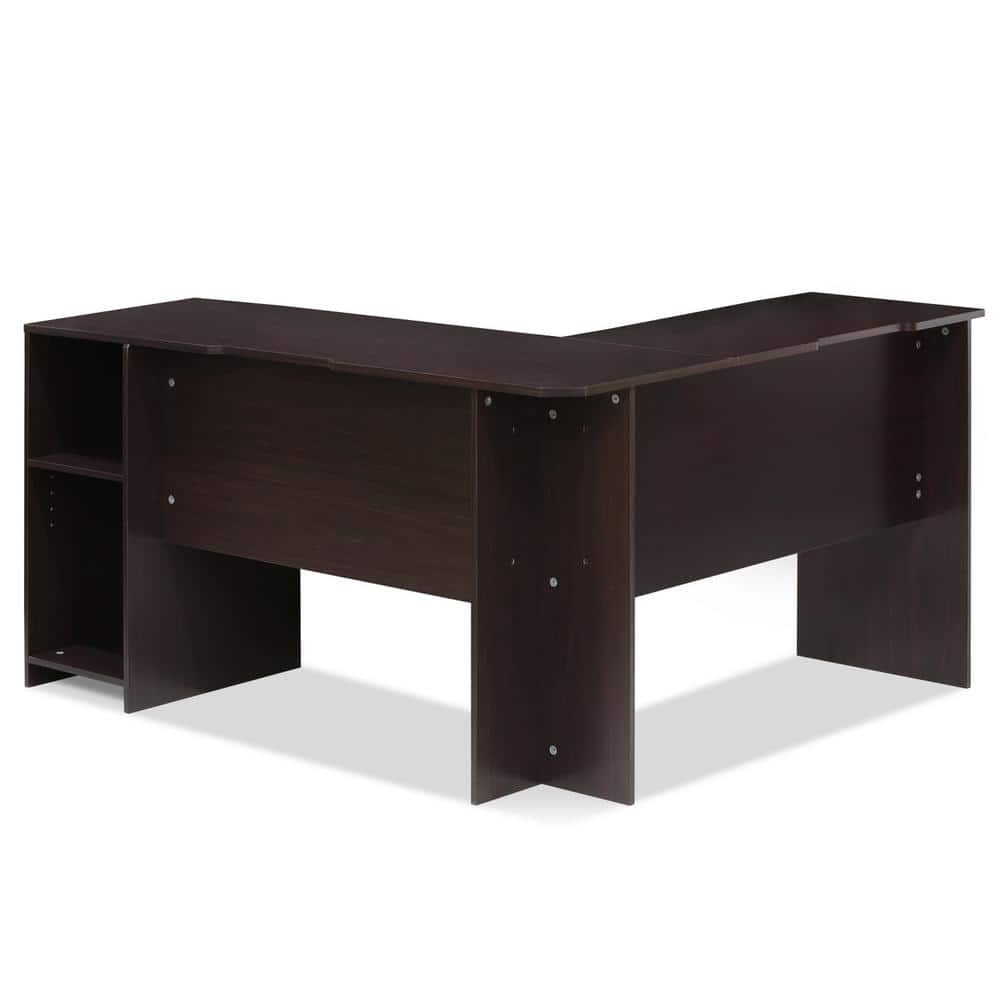 Espresso Wood L-Shaped Corner Computer Desk with Shelves
