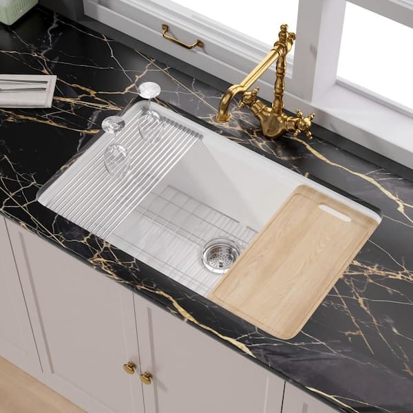 Unbranded 30 in. Workstation Kitchen Sink Undermount White Kitchen Sink Single Bowl Workstation Sink Fireclay with Cutting Board