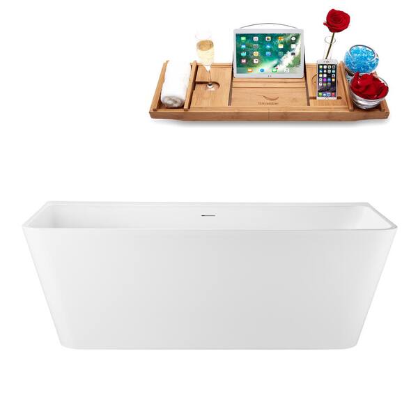 Streamline 67 in. x 30 in. Acrylic Freestanding Soaking Bathtub in Glossy White with Polished Brass Drain, Bamboo Tray