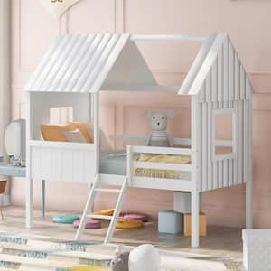 White Twin Size Wood Low House Loft Bed with White Roof, 2-Side Windows, Mini Ladder