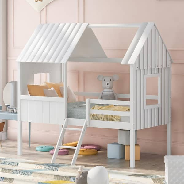 Harper & Bright Designs White Twin Size Wood Low House Loft Bed With ...