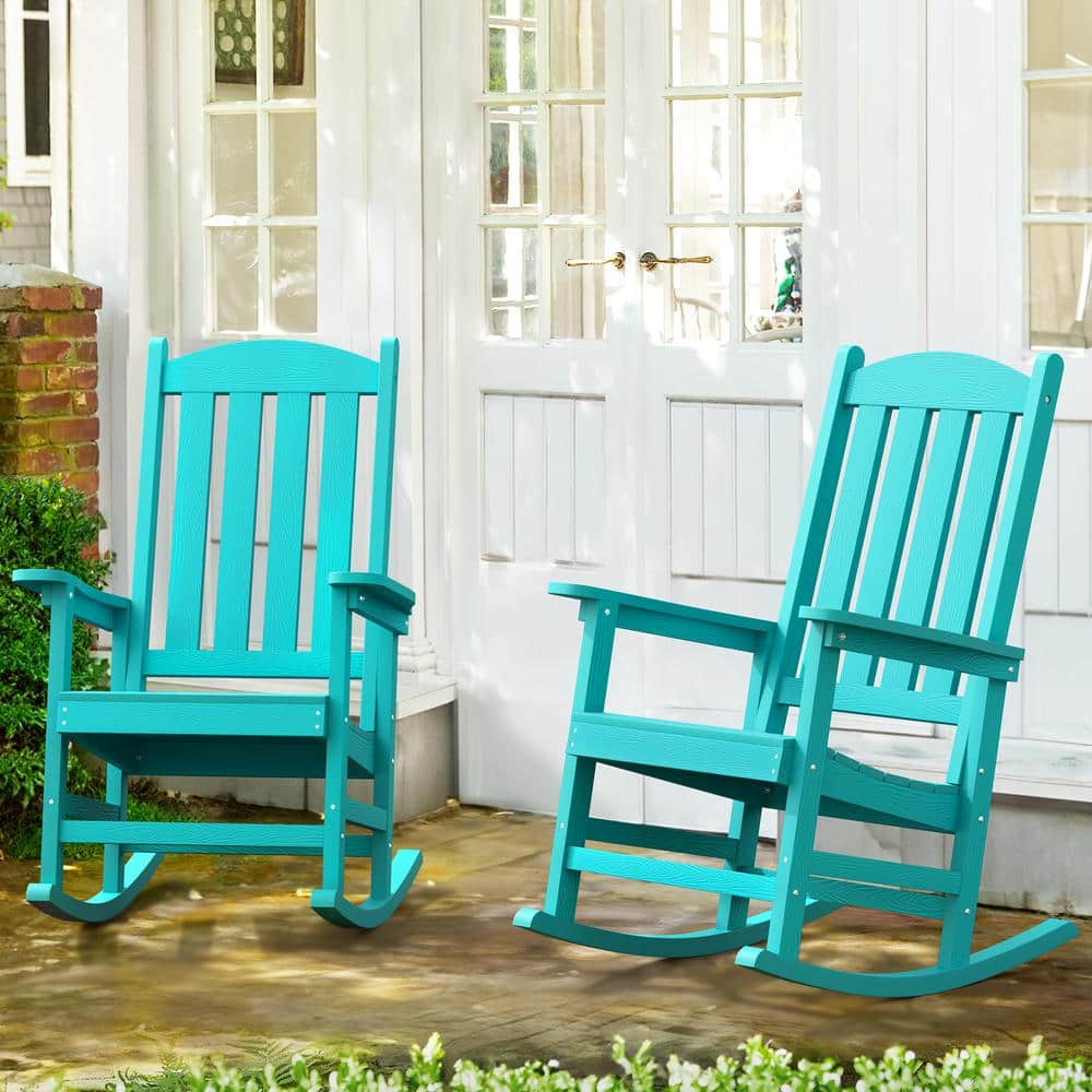 LUE BONA Aruba blue Plastic Adirondack Outdoor Rocking Chair with High Back, Porch Rocker For