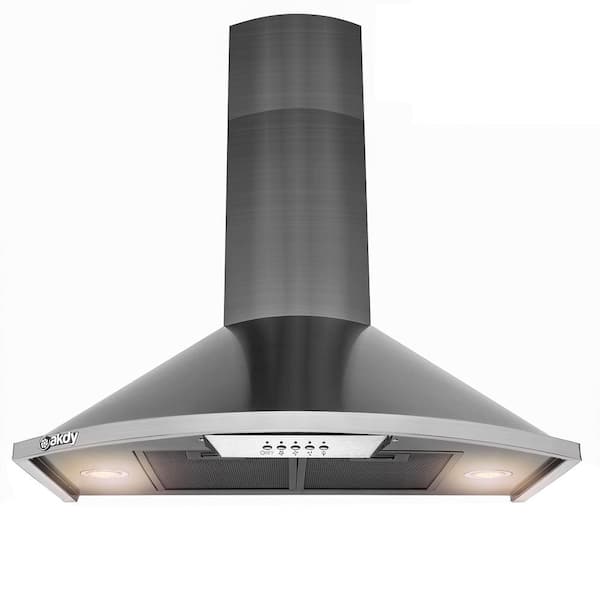 AKDY 30 in. 343 CFM Convertible Wall Mount Range Hood with Push Button and LED Lights in Black Stainless Steel