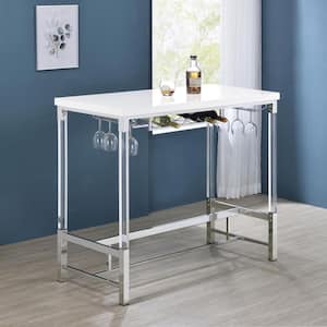 Norcrest White High Gloss Pub Height Bar Table with Acrylic Legs and Wine Storage