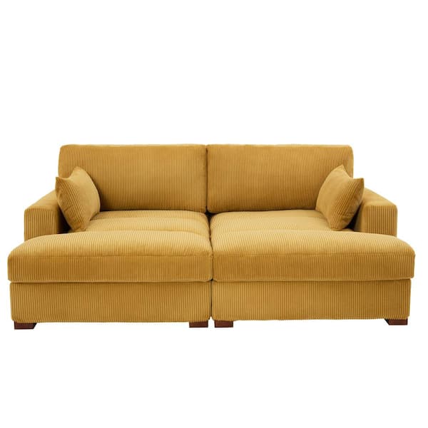 Uixe 83.9 in. Modern Square Arm Corduroy Fabric Upholstered Sectional Sofa in. Orange With Two Pillows And Wood Leg