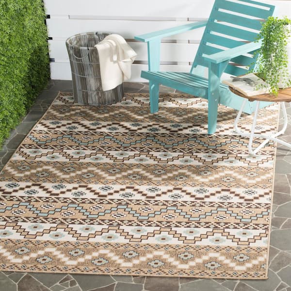 Veranda Cream/Brown 3 ft. x 10 ft. Border Indoor/Outdoor Patio  Runner Rug