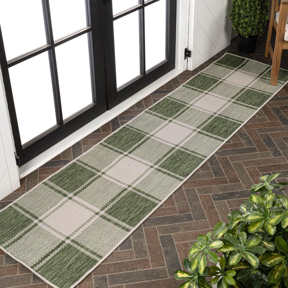 Sabine Green and Cream Synthetic Checkerboard Runner Rug, 2 x 8 ft