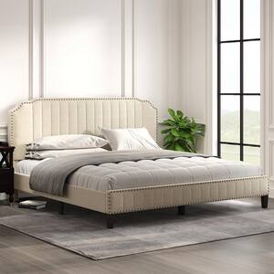 81.80 in. W King Cream Modern Linen Upholstered Solid Wood Frame Platform Bed with Nailhead Trim