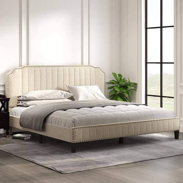 Jasmoder Modern Linen Curved Upholstered Platform Bed Frame King Size Solid Wood Nailhead Trim For Bedroom Wf199330aaa Solid Wood Frame Nailhead Trim, Solid King Bed Frame