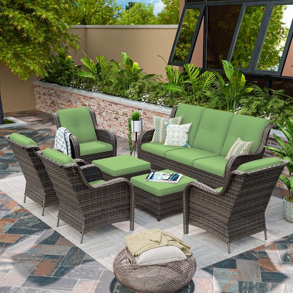 MeetLeisure Brown 7-Piece Wicker Outdoor Patio Conversation Sofa Set with Green Cushion