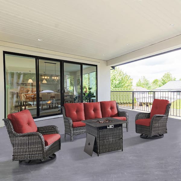 ArcoBay 4-Piece Gray Wicker Patio Square Fire Pit Conversation Set with Red Cushions and Swivel Rocking Chairs