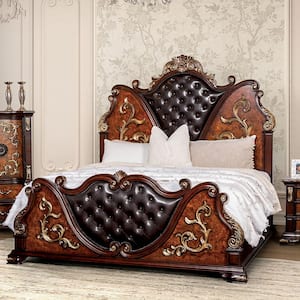 Gurando Brown Wood Frame Queen Panel Bed with Tufted Headboard