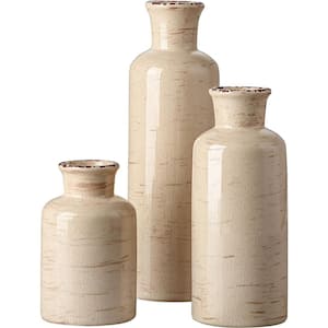 Ceramic Rustic Vintage Vase with 3 Piece Set of Glazed Decorative Vase Table for Table Fireplace Decor Living Room White