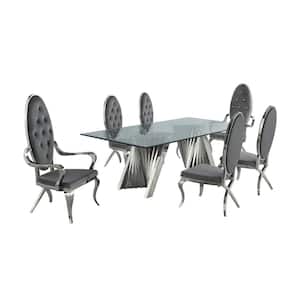 Becky 7-Piece Rectangular Glass Top with Stainless Steel Base Table Set with 4-Dark Grey Velvet Chairs And 2-Arm Chairs