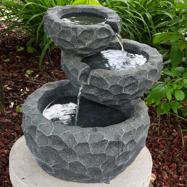Sunnydaze 17 in. 3-Tier Chiseled Basin Solar Outdoor Tiered Water