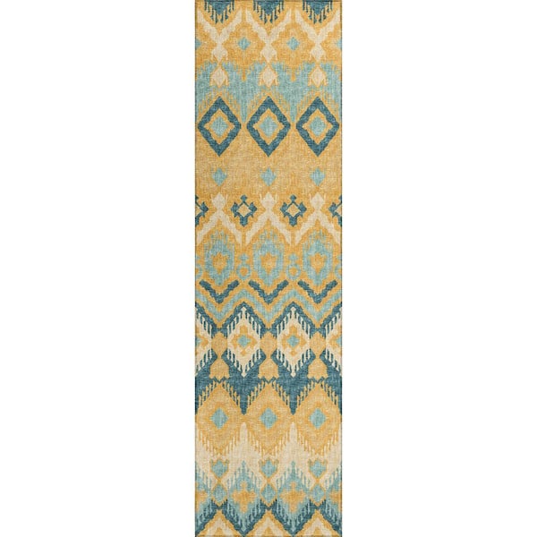 Yuma Yellow 2 ft. 3 in. x 7 ft. 6 in. Geometric Indoor/Outdoor Washable Area Rug