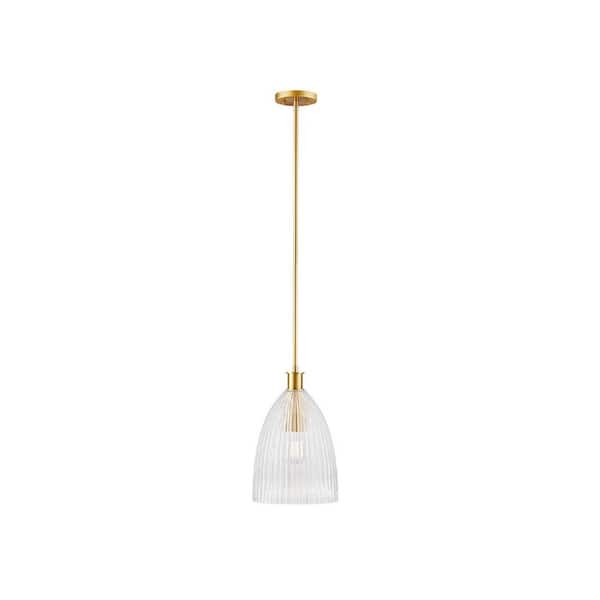 TUXEDO PARK LIGHTING 10 in. W x 15.5 in. H 1-Light Natural Brass Transitional Pendant Light with Clear Pleated Glass Shade