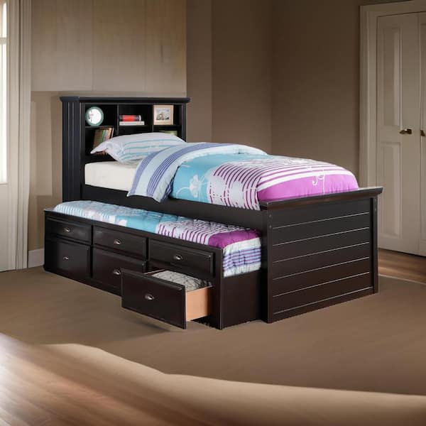 Benjara Toni Black Wood Frame Twin Size Platform Bed with 6 Drawers