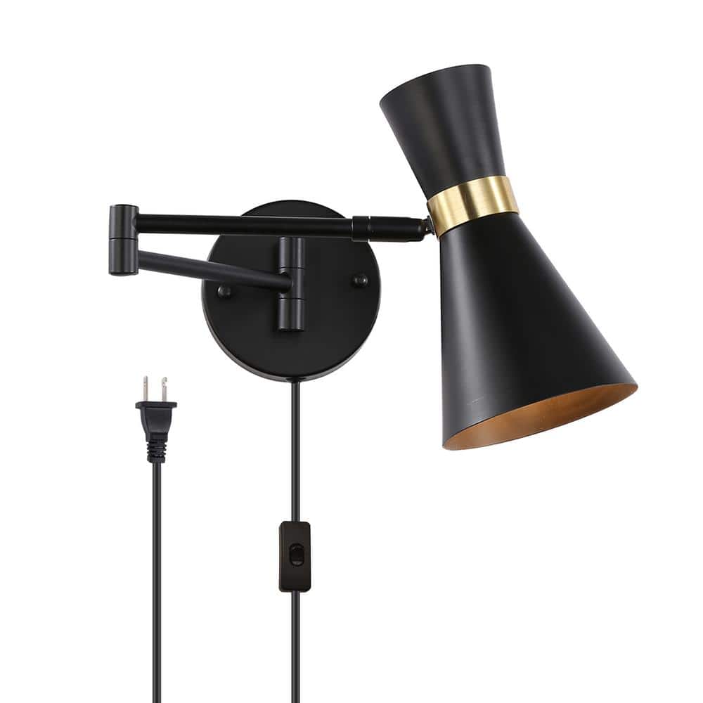 1Light Black Gold Plug in Swing Arm Wall Lamp HT33 The Home Depot