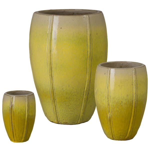 Crest 25 in. H Yellow Ceramic Round Planters with Drainage Hole (Set of 3)
