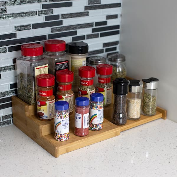 Wooden Spice Glass Jars Organizer - Expandable 3-Tier Shelf