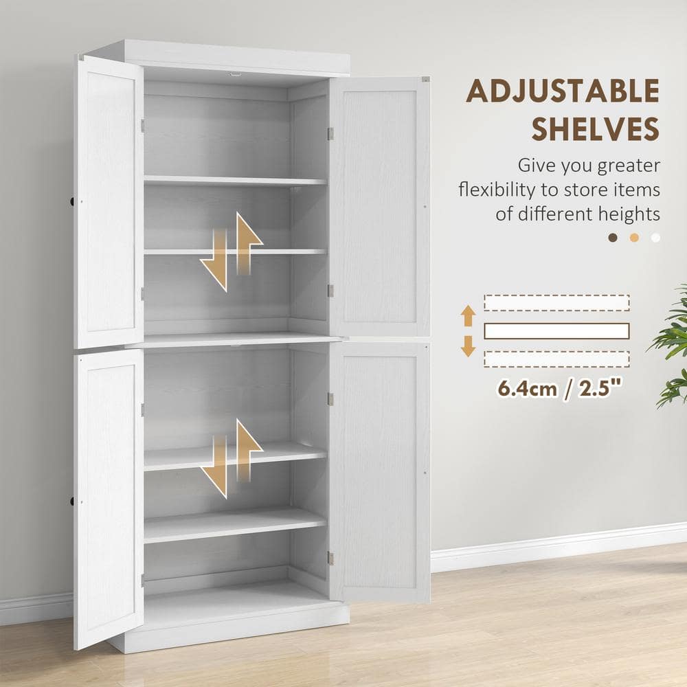 72" White Wood Grain Shaker Style Freestanding Kitchen Pantry Cabinet