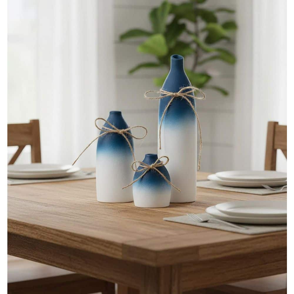 Blue and White Ceramic Bottle Vase Set - 3.1 in. L x 3.1 in. W x