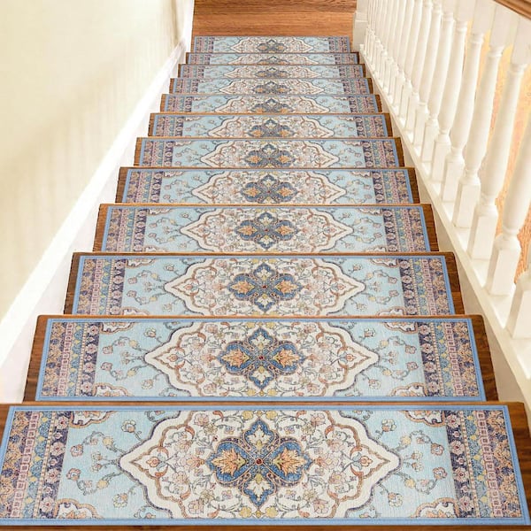 Light Blue 8 in. x 30 in. Polyester Boho Stair Tread Cover Non Slip Machine Washable (Set of 15)