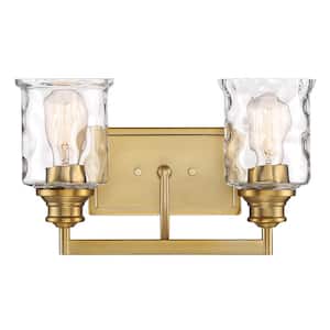Drake 15 in. 2-Light Brushed Gold Modern Vanity with Clear Hammered Glass Shades