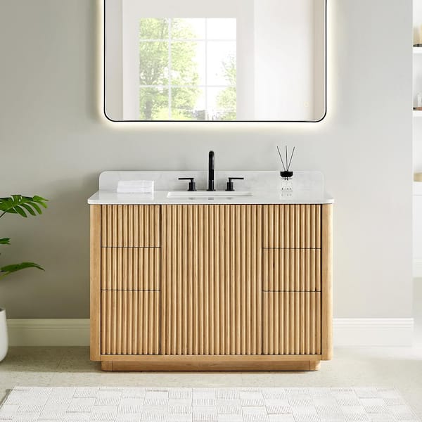 Altair Clayton 48 in. Single Freestanding Washed Light Brown Bath Vanity with Grain White Engineered Stone Top Assembled