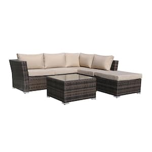 4-Piece Wicker Outdoor Patio Sectional Seating Set with Beige Cushions