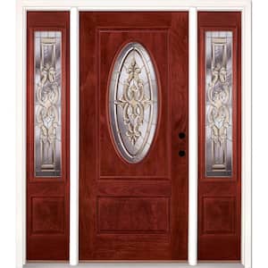 59.5 in.x81.625in.Silverdale Zinc 3/4 Oval Lt Stained Cherry Mahogany Left-Hd Fiberglass Prehung Front Door w/Sidelites