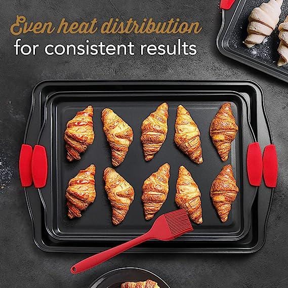 15-Piece Black Carbon Steel Bakeware Set with Red Silicone Handles