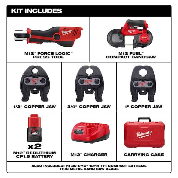 Copper M12 12-Volt Lithium-Ion Force Logic Cordless Press Tool Kit with M12 FUEL Bandsaw (2-Tool)