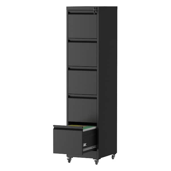 5 Drawer Black Metal 15 in. W Vertical File Cabinet on Wheels, Mobile Under Desk File Cabinet w/Lock for Letter/Legal/A4