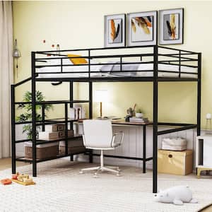Black Full Size Metal Loft Bed with Built-in Desk and Lateral Storage Staircase