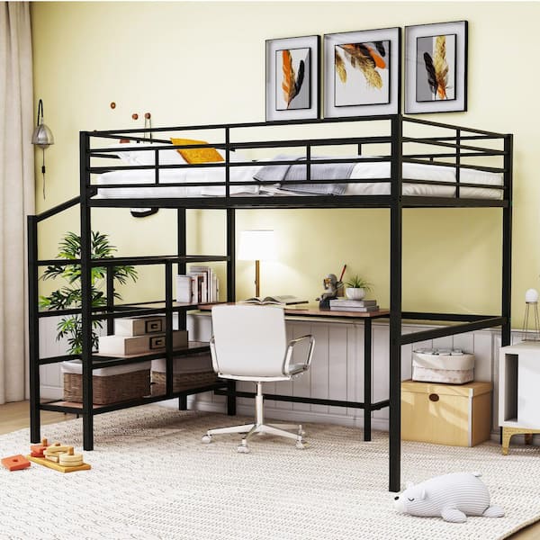 Harper & Bright Designs Black Full Size Metal Loft Bed with Built-in ...