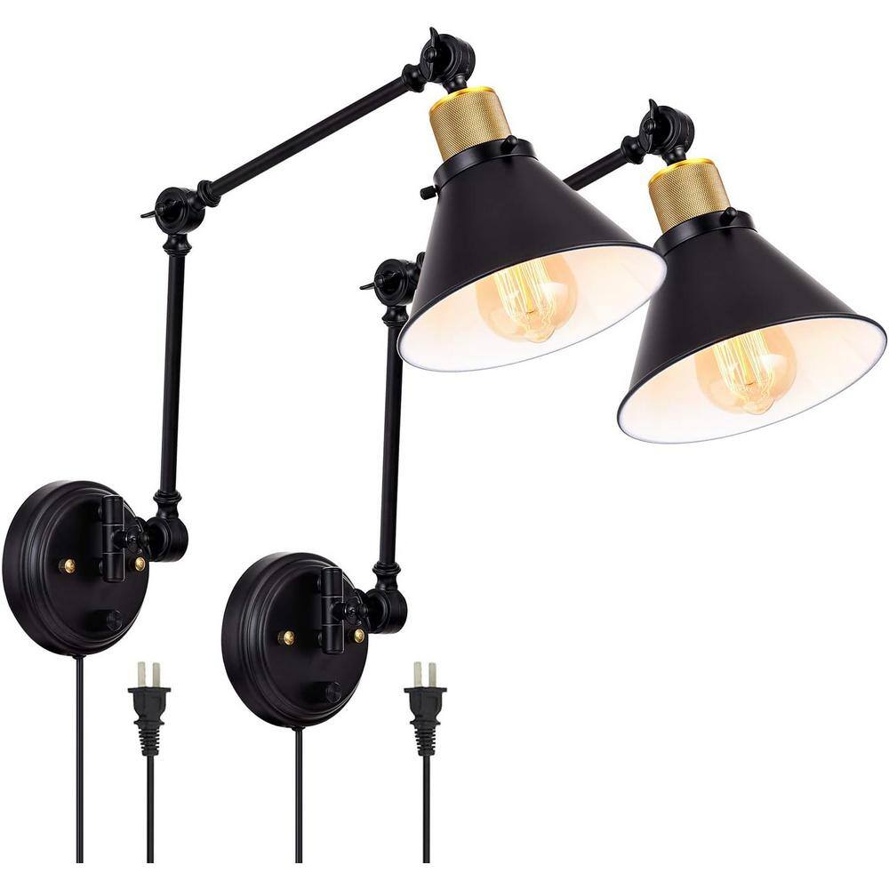 2-Light Black Plug-in Swing Arm Wall Lamp Dimmable with 6 ft. Cord Length (