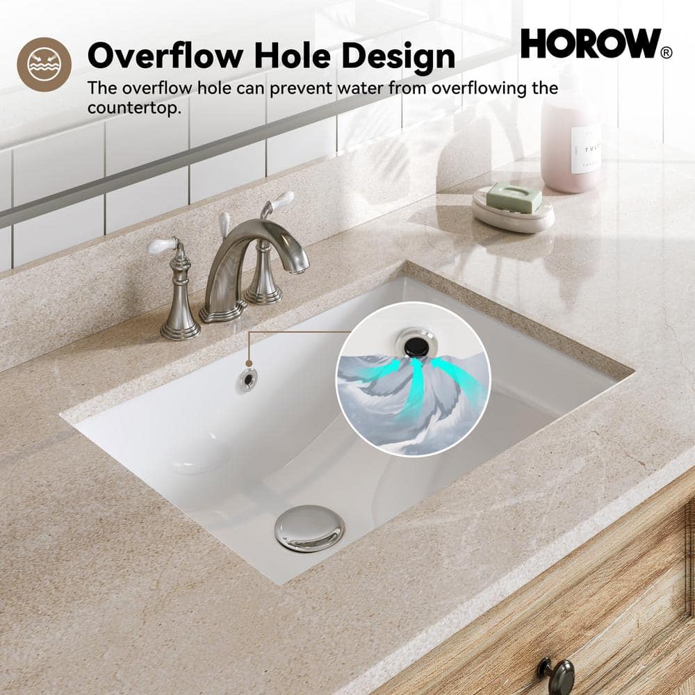 White Rectangular Ceramic Undermount Bathroom Sink with Overflow Hole