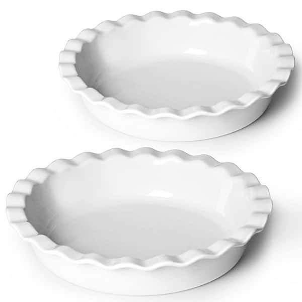 2 Piece Deep Round Ceramic Pie Pan Set White, Large Bakeware for Quiche Fruit Pot Pie, Oven Dishwasher Safe