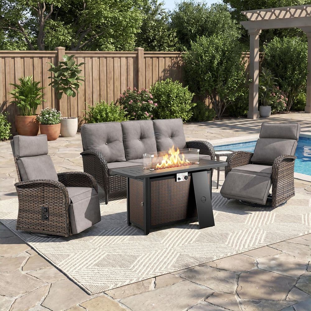 Carlos Brown 5-Piece Wicker Patio Fire Pit Conversation Sofa Set Outdoor 360° Swivel Recliner Chair with Gray Cushions price history on PriceWatchPro